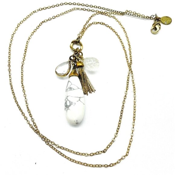 LOFT Marbled Charm Necklace Gold Tone Faceted Bead Tassel Classic Career Work - Picture 2 of 7